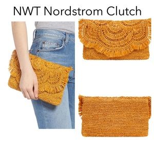 NWT Nordstrom Yellow Woven Rafia Clutch Hand Purse